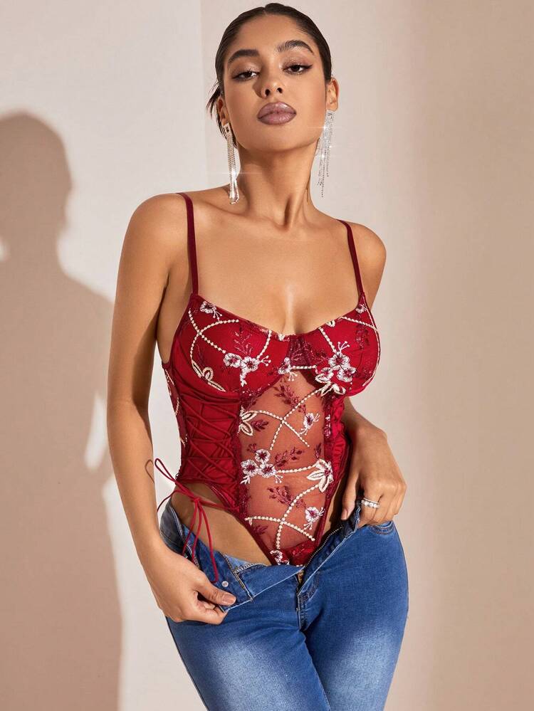 Valentine's Day Lingerie - Sexy Red Corset Bodysuit With Embroidered Mesh Cups, Perfect For Summer