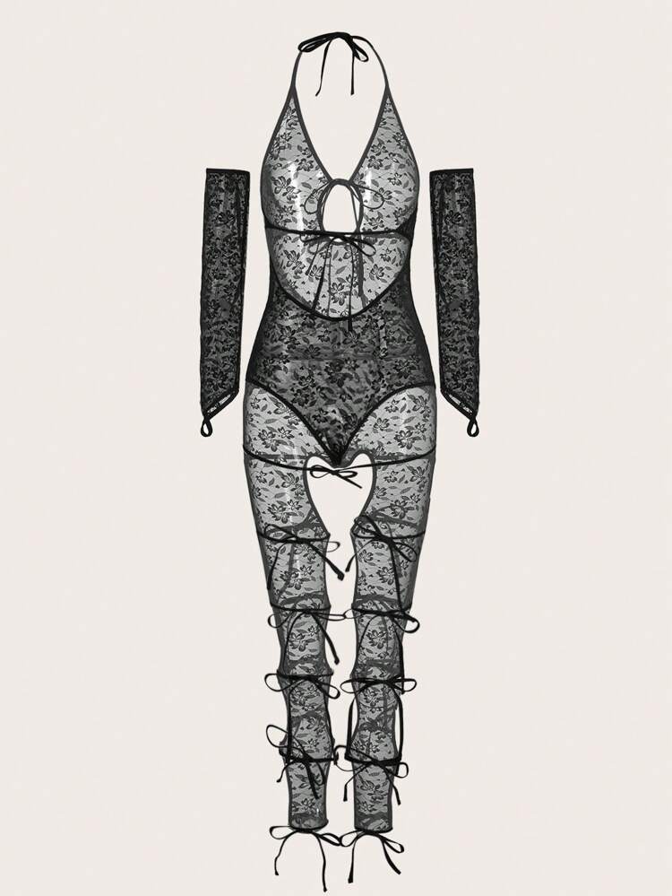 Ladies' Solid Color Lace Strap Halterneck Sexy Bodystocking