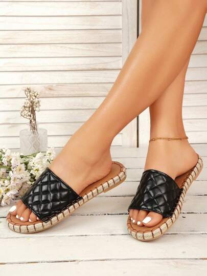 Women's Fashionable Casual Vacation Style Round Toe Slip-On Woven Comfortable Summer Black Sandals, Flat Heel