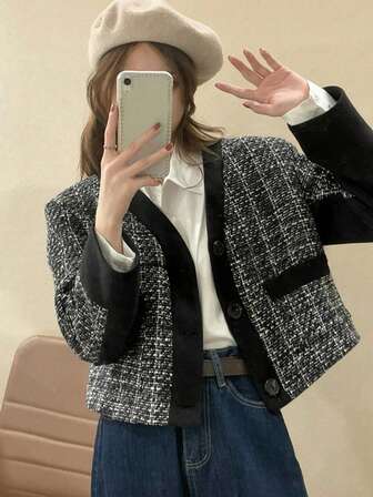 女式拼布长袖羊毛短外套，秋冬