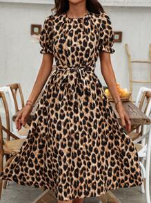 SHEIN LUNE 豹纹收腰休闲连衣裙长款女装 - 彩色 - 查看 4