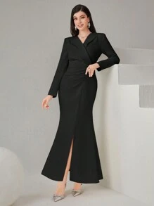 Modelyn High-Collar Waist-Cinching Fish-Tail Dress With Front Split Long Evening Dresses - Black - View 4