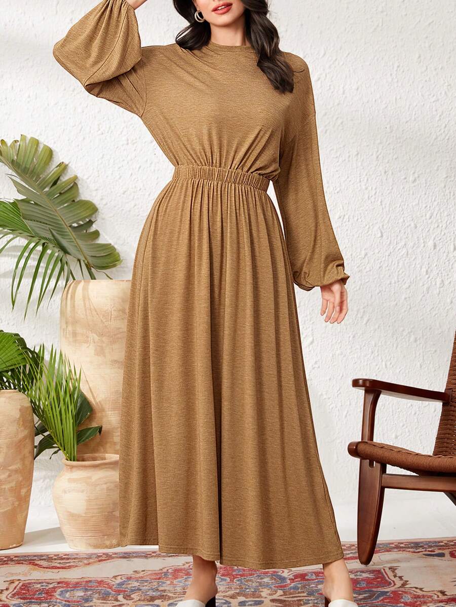 Seusyu Vestido De Cintura Estilo Árabe De Manga Farol Para Mujer - Marrón - Ver 1