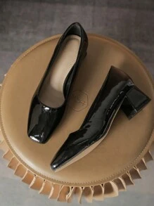 方頭粗跟高跟鞋，經典光面皮革多用途日常通勤大尺碼女鞋中跟鞋 - 黑色 - 查看 1