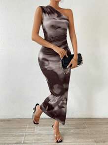 SHEIN Privé Vestido Semi-formal De Moda Para Mujeres Con Corte Aleatorio Y Estampado De Tinta - Gris - Ver 1