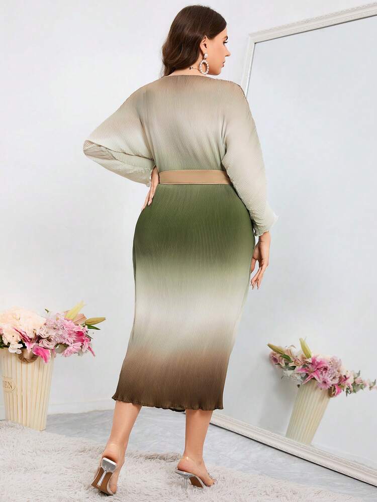 Plus Size Gradient Pleated Fitted Casual Dress
