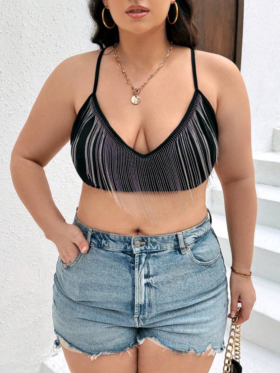 SHEIN CURVE+ Plus Size Splice & Tassel Design Crop Top With Spaghetti Straps