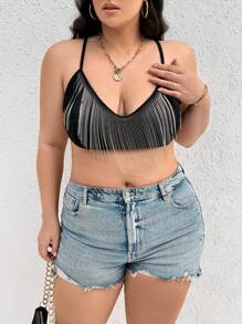 SHEIN CURVE+ Plus Size Splice & Tassel Design Crop Top With Spaghetti Straps