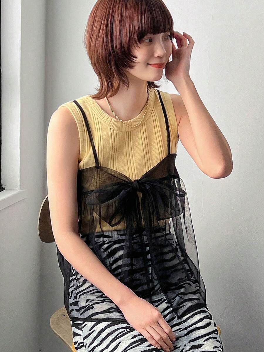 FRIFUL Áo ba lỗ lưới trong suốt buộc dây dành cho nữ Áo ba lỗ Babydoll - màu đen - Xem 1