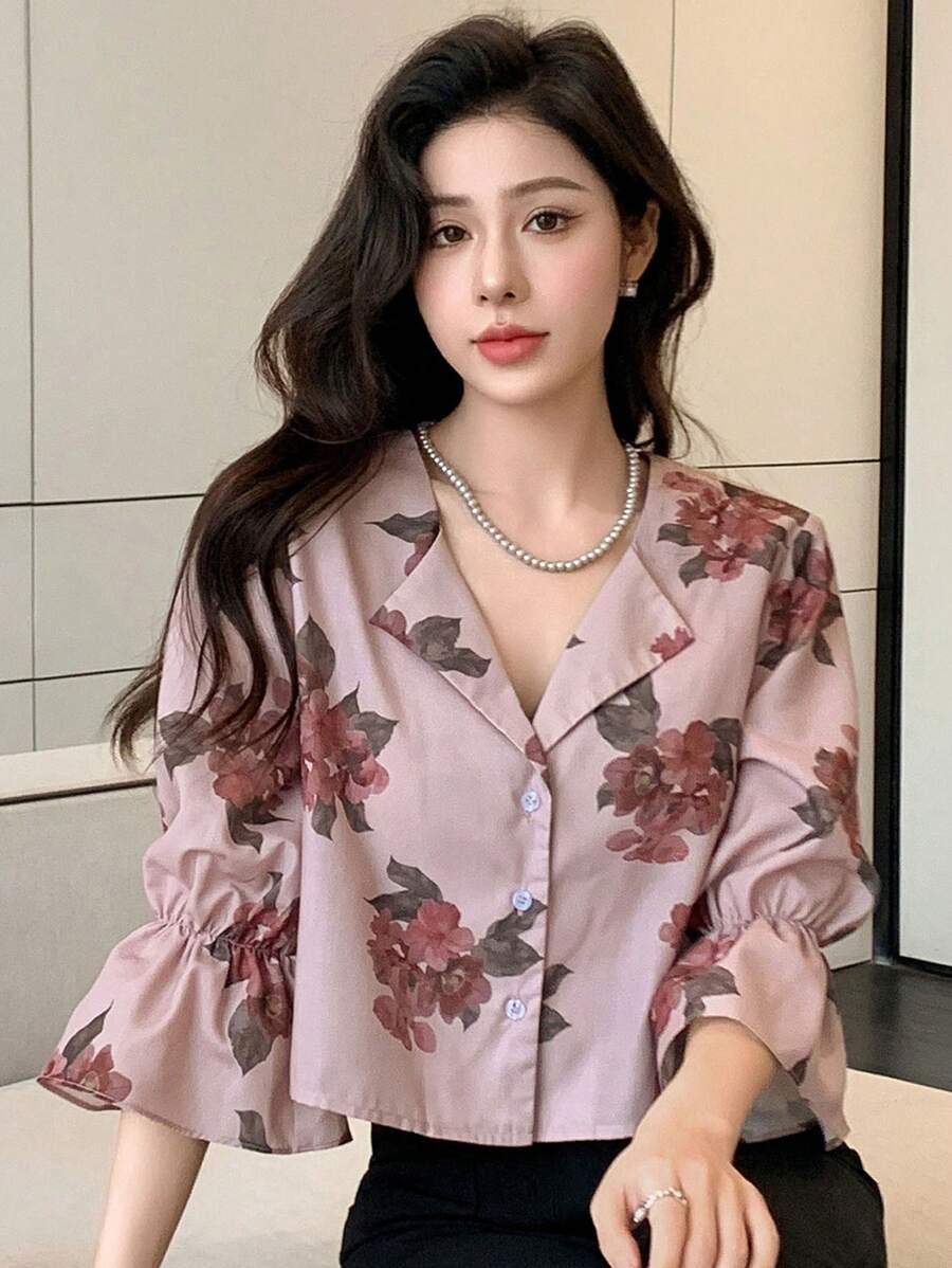 DAZY Women's Floral Printed Ruffle Hem Blouse With Flounce Sleeves,Long Sleeve Tops Fall - Pink - View 1