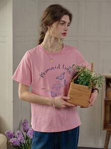 Simple Retro 1pc Women Butterfly & Letter Print Casual T-Shirt - Pink - View 4