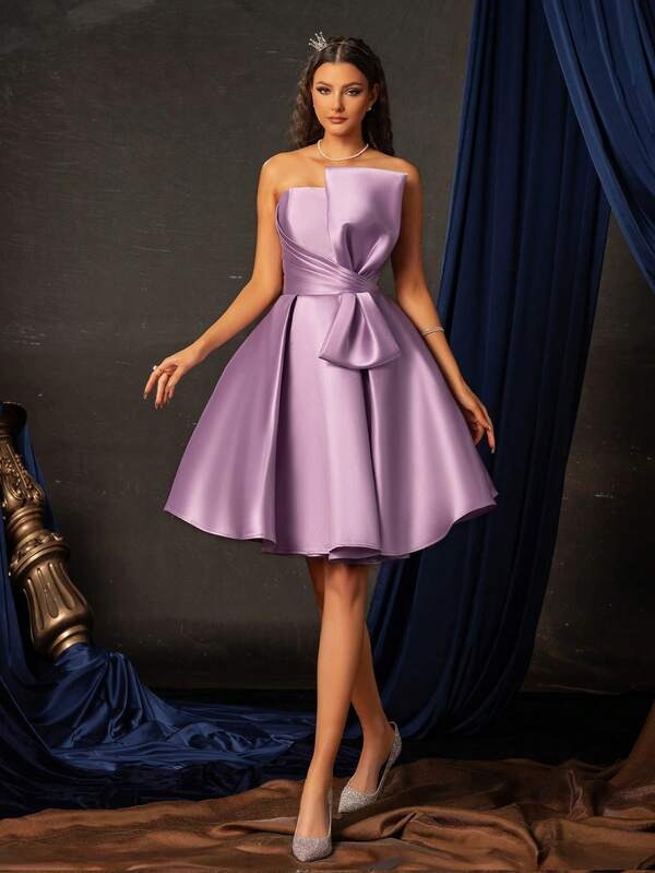 Women's Elegant Satin Bow Decor Bandeau Crop Top Short Party Dress Prom Semi Formal Wedding Guest Dress, For Birthday, Graduation, Homecoming