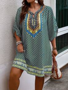 SHEIN Holidaya 大尺碼幾何圖案捲袖連衣裙 - 墨綠色 - 查看 4