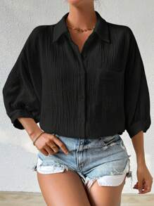 Calvaya Camisa De Manga Larga Abotonada unicolor Con Textura - Negro - Ver 3