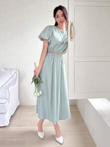 DAZY 女士短款泡泡袖圆领衬衫和裙子套装，女士两件套 - 藍色 - 查看 6