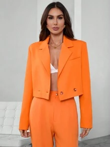 SHEIN BIZwear Của phụ nữ Màu thuần Cổ bẻ Tay áo dài Áo vest Áo khoác - trái cam - Xem 3
