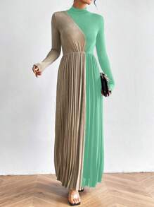 SHEIN Privé 顏色塊壓褶前開岔女裝連衣裙 - 綠色 - 查看 6