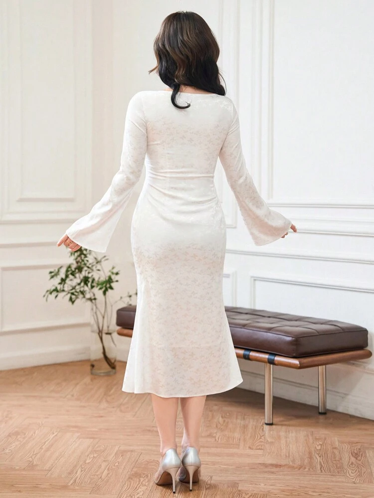 Solid Color Jacquard Square Neck Flare Sleeve Dress, Birthday Prom Dress, Fall Dress Long Sleeve Dress Elegant Women Dress