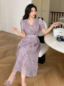 DAZY Của phụ nữ In hoa Cổ chữ V Ngắn tay Đầm - Màu tím - Xem 5