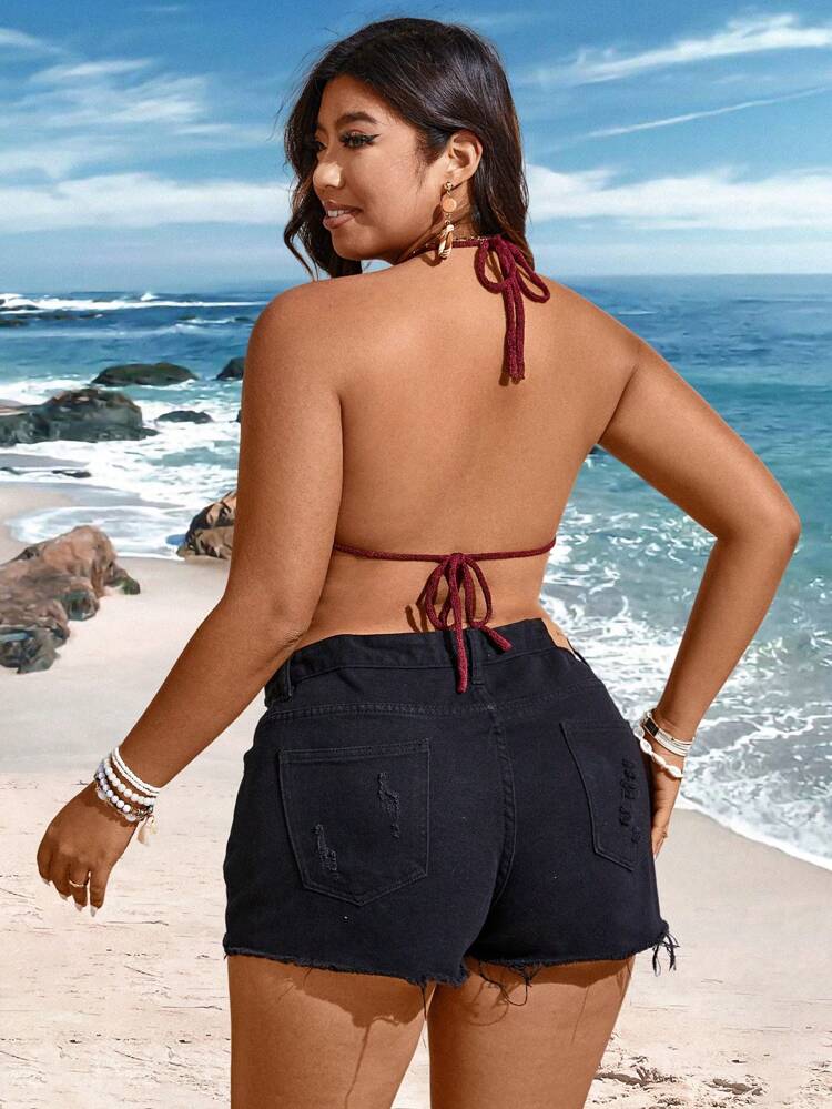 Plus Size Fashionable Sexy Hollow Out Backless Halter Knit Top