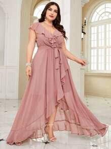 Plus Size Asymmetrical Ruffle Waist Belt Chiffon Party Dress - Pink - View 5
