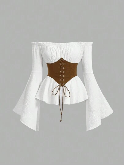 SHEIN MOD Women's Colorblock Off Shoulder Crossed Tie Flared Sleeve Blouse.White Cotton Textured Off Shoulder Top, Brown Faux Suede Corset Waist, Peplum Hem, Lace-Up Front, Long Flared Sleeves, Renaissance Style, Romantic, Vintage Inspired, Elegant, Medieval, Soft Fabric, Feminine, Unique Design, Flowy, Lightweight, Retro, Flirty