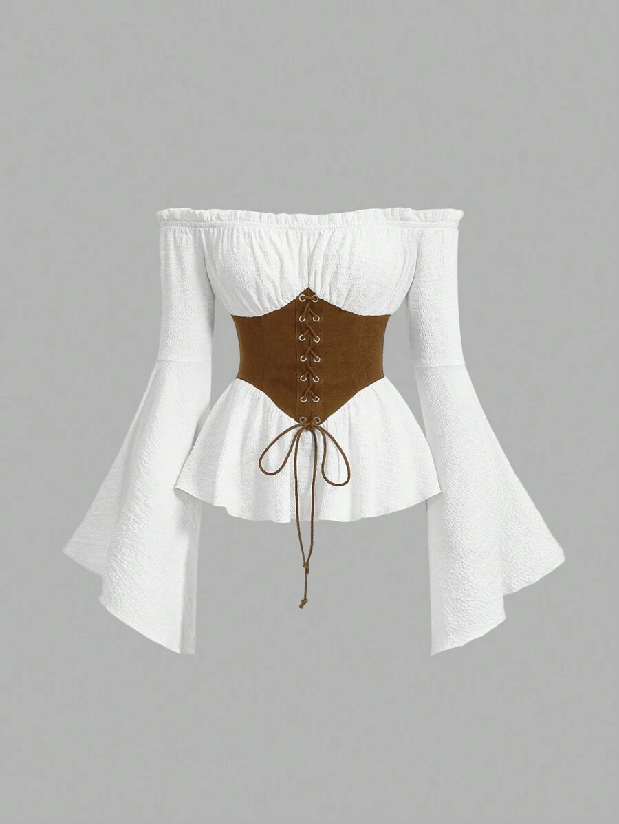 SHEIN MOD 女士拼色露肩交叉系带喇叭袖衬衫 - 棕色 - 查看 1