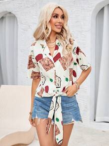 GENKIRA Women's Short Sleeve Blouse With Cartoon Animal Print And Contrast Color Collar - Multicolor - View 3