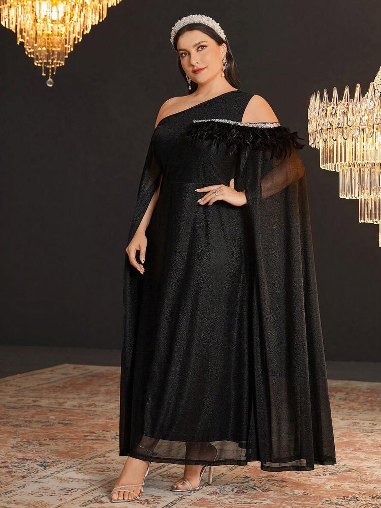 Plus Size Plush Trim Asymmetrical Neckline Black Long Dress For Party