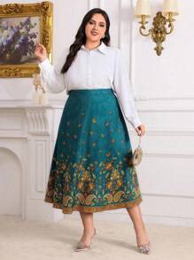 Modelyn Plus Paisley Print Skirt - Green - View 7