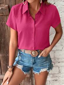 EMERY ROSE Plain Short Sleeve Casual Shirt - Hot Pink - View 5
