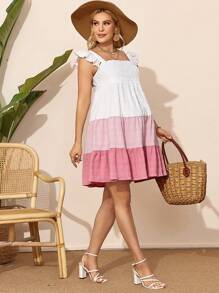 SHEIN Maternity Nursing Spaghetti Strap Color Block Ruffle Hem Dress