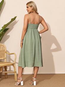 SHEIN Maternity & Nursing Front Button Texture Double Pocket Cami Dress - Mint Green - View 2