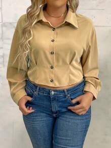 Calvaya Plus Size Solid Color Long Sleeve Button-down Shirt - Khaki - View 4