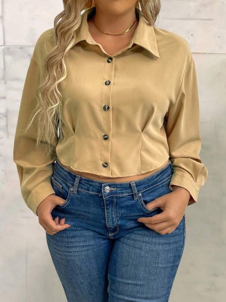 Plus Size Solid Color Long Sleeve Button-down Shirt