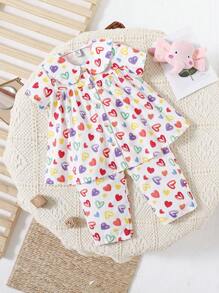 SHEIN Baby Girl Cute Cartoon Heart Pattern Peter Pan Collar Short-Sleeved Top And Long Pants Pajamas Set