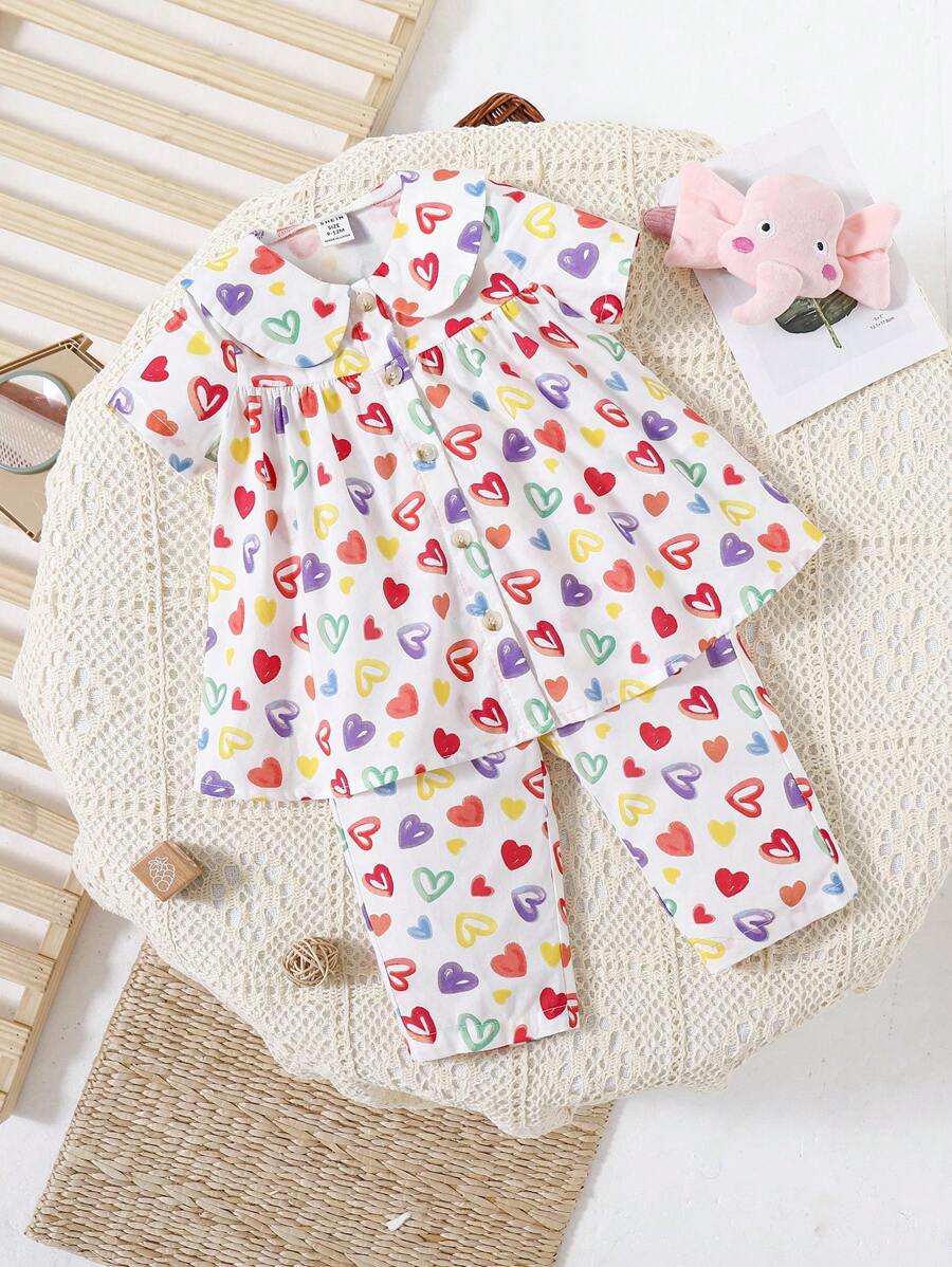 SHEIN Baby Girl Cute Cartoon Heart Pattern Peter Pan Collar Short-Sleeved Top And Long Pants Pajamas Set