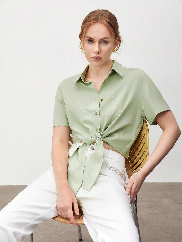 Solid Color Buttoned Shirt With Tie Front Hem