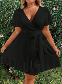 Sunnyshic Plus Size Deep V-Neck Flutter Sleeve Belted Dress Vacation Beach Outfits Women