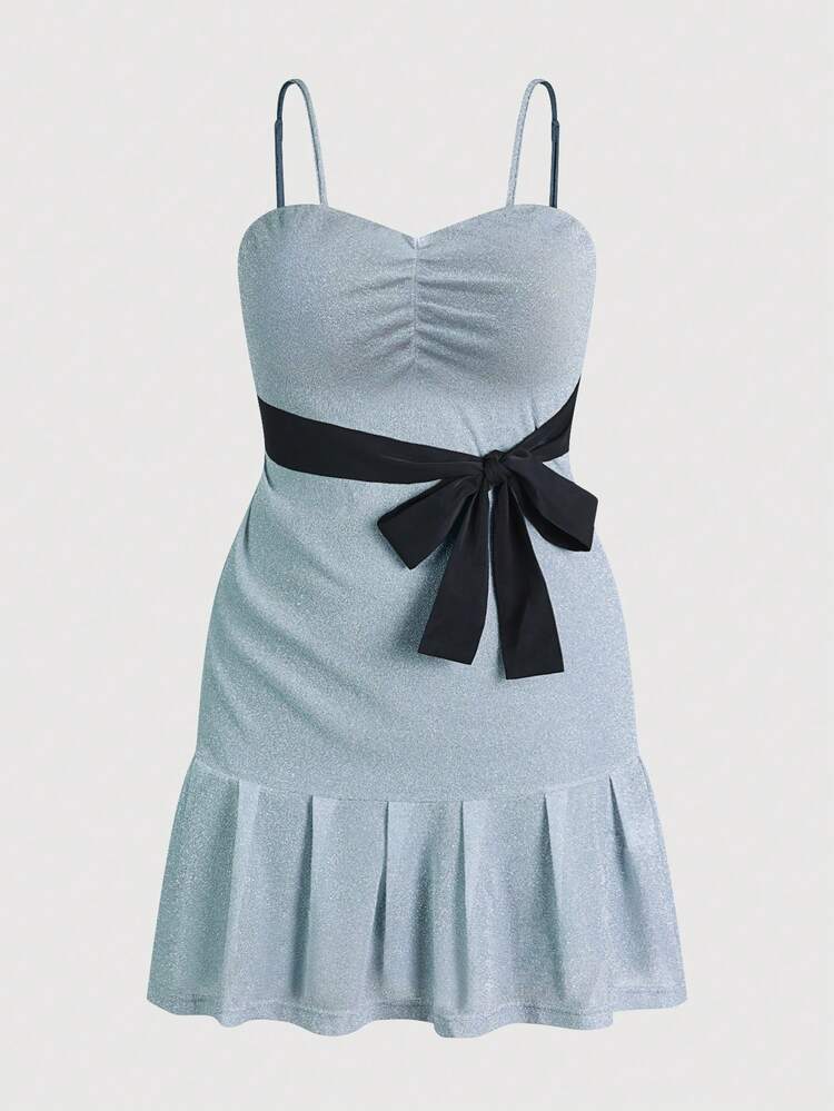 Plus Size Women's Fashionable Black Spaghetti Strap Dress With Bowknot & Ribbon Decoration