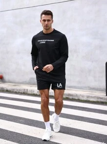 Manfinity Running Boyfriend Style Men's Casual Round Neck Sweatshirt With Letter Print Boyfriend Style Men Sweatshirt - Black - View 5