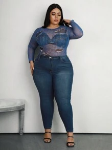 SHEIN CURVE+ 大码牛仔效果图案长袖上衣 - 彩色 - 查看 3