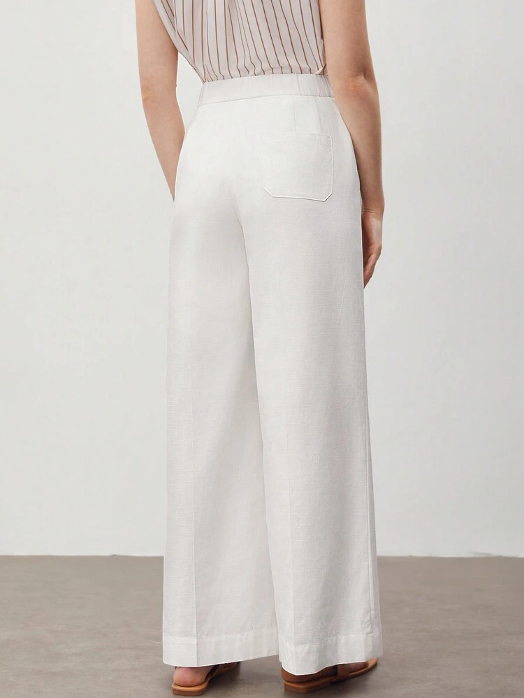 Solid Color Button Detail Flared Pants, Long