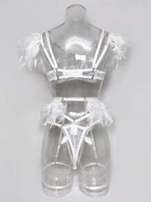 Floral Lace Underwire Garter Lingerie Set - White - View 2