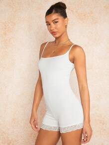 SHEIN BAE 音樂節方領高彈性針織修身混紡蕾絲連體褲，白色蕾絲上衣連質感緊身泳衣褲、白色緊身褲 - 白色 - 查看 6