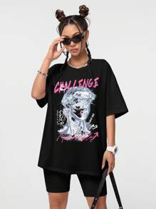 Coolane Figure & Letter Graphic Drop Shoulder Oversized Tee - Black - View 5