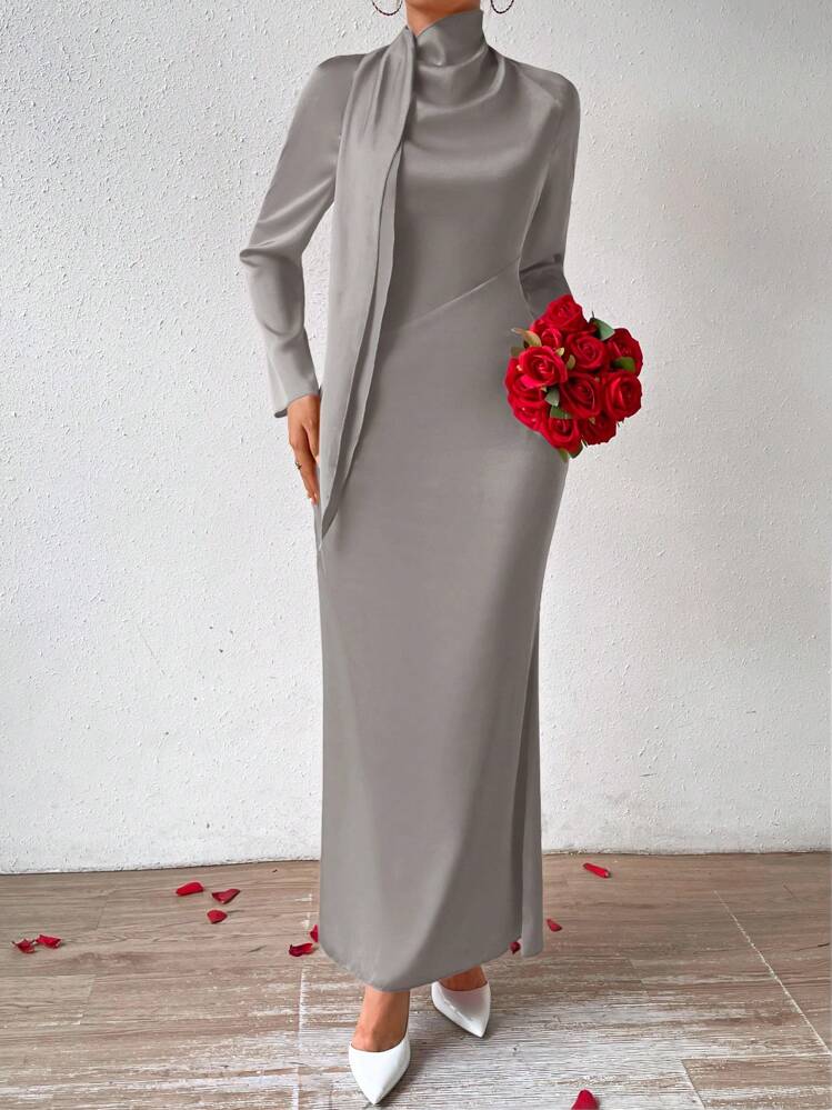 SHEIN Privé 女士腰帶長袖人魚裙緊身連衣裙 - 灰色 - 查看 5