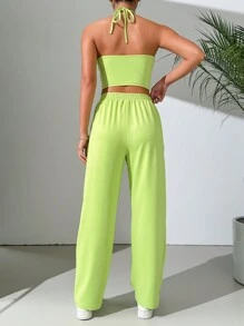 SHEIN EZwear Conjunto De Top Halter De Color Sólido Y Pantalones Para Mujer - Verde - Ver 2
