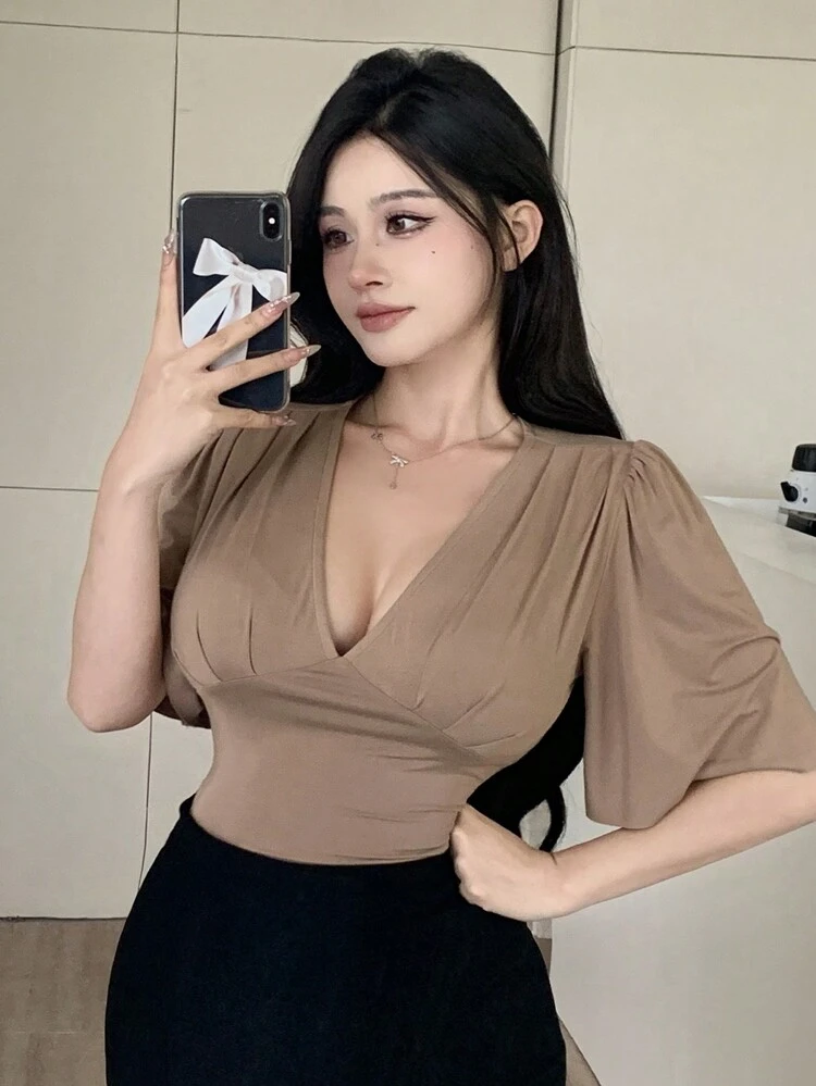 Solid Color V-Neck Short Sleeve T-Shirt With Waist Cinching Summer Going Out Tops Women