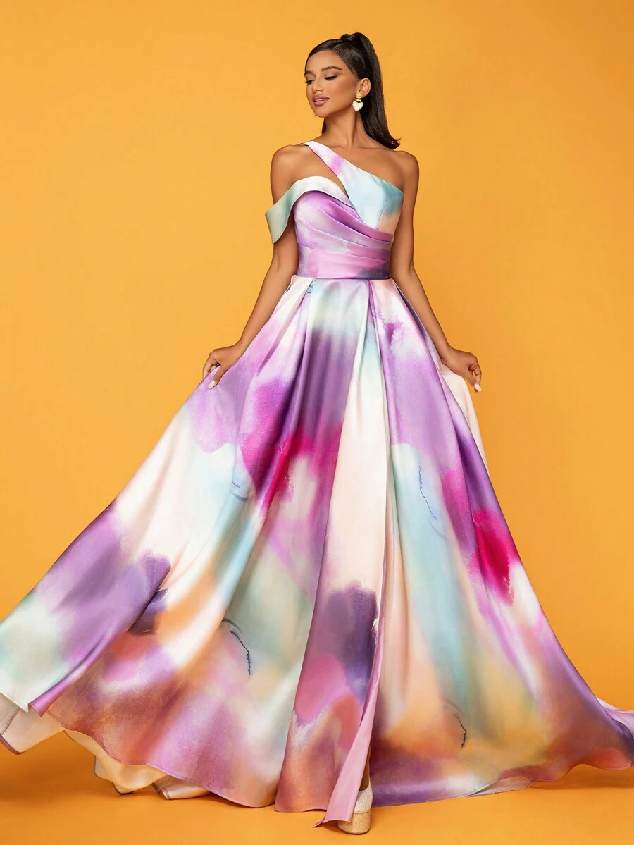 镂空不对称领长款高端优雅渐变扎染正式晚礼服舞会婚礼宾客礼服，适合毕业典礼、晚宴派对礼服 - 淡紫色 - 查看 1